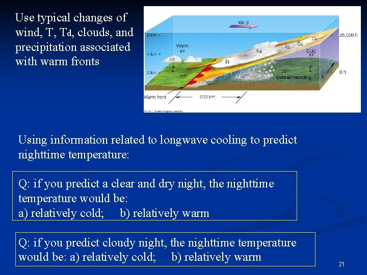 Use typical changes of wind, T, Td, clouds, and precipitation associated with warm fronts