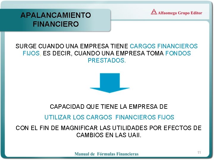 APALANCAMIENTO FINANCIERO SURGE CUANDO UNA EMPRESA TIENE CARGOS FINANCIEROS FIJOS, ES DECIR, CUANDO UNA