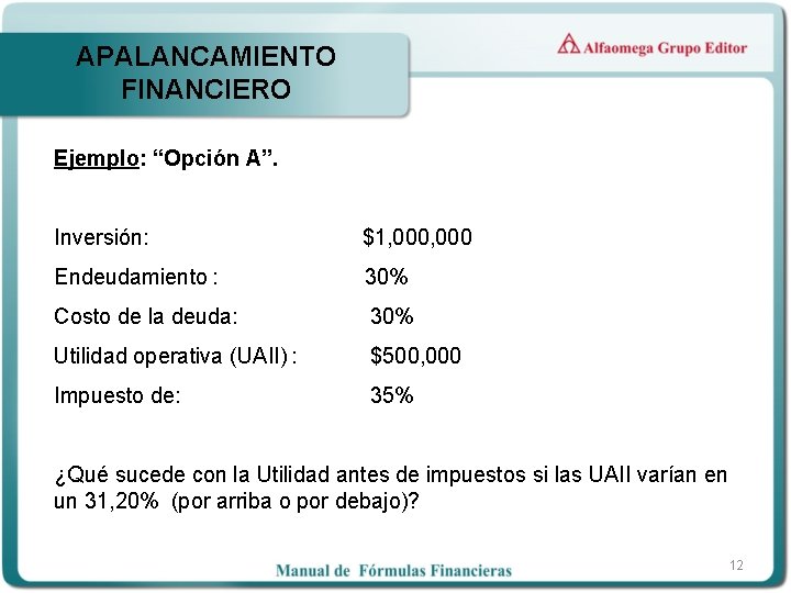 APALANCAMIENTO FINANCIERO Ejemplo: “Opción A”. Inversión: $1, 000 Endeudamiento : 30% Costo de la