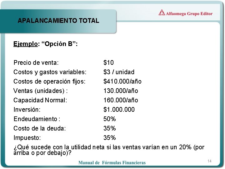 APALANCAMIENTO TOTAL Ejemplo: “Opción B”: Precio de venta: $10 Costos y gastos variables: $3