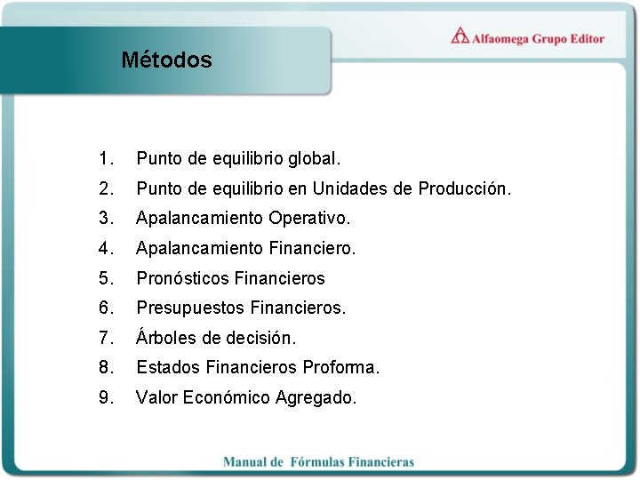 Métodos 1. Punto de equilibrio global. 2. Punto de equilibrio en Unidades de Producción.