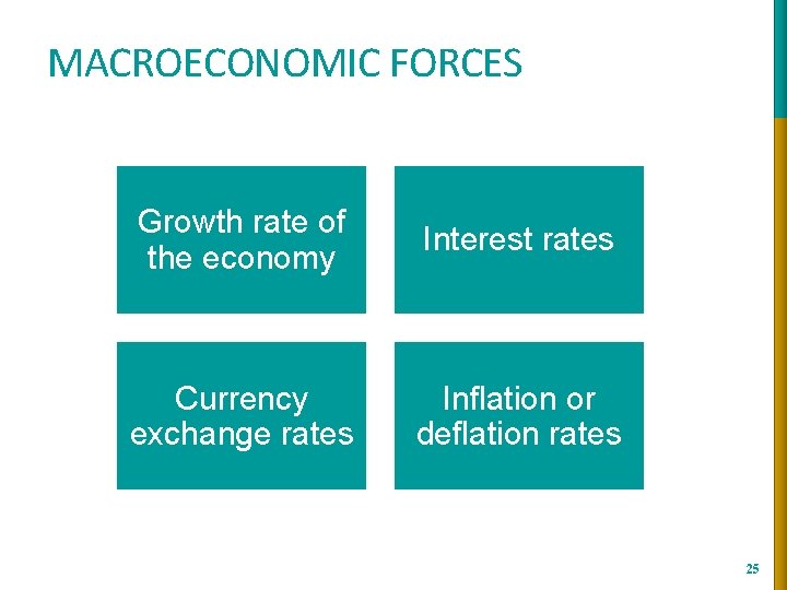 MACROECONOMIC FORCES Growth rate of the economy Interest rates Currency exchange rates Inflation or