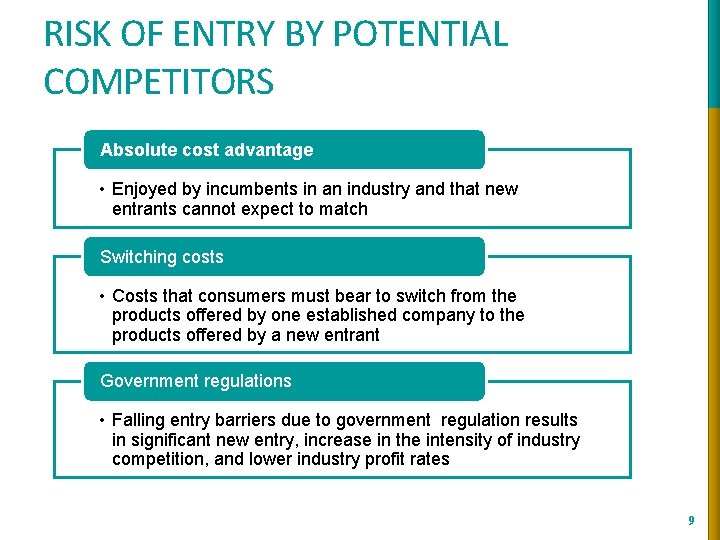 RISK OF ENTRY BY POTENTIAL COMPETITORS Absolute cost advantage • Enjoyed by incumbents in