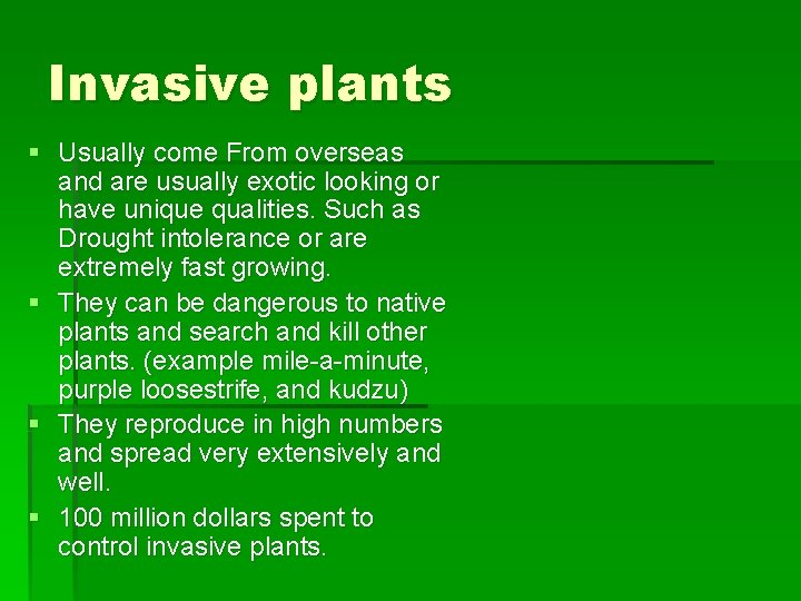 Invasive plants § Usually come From overseas and are usually exotic looking or have