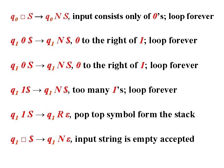 q 0 □ S → q 0 N S, input consists only of 0’s;