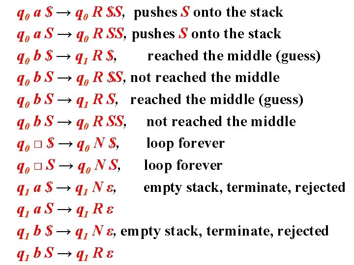 q 0 a $ → q 0 R $S, pushes S onto the stack