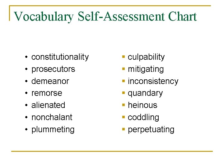 Vocabulary Self-Assessment Chart • • constitutionality prosecutors demeanor remorse alienated nonchalant plummeting § culpability