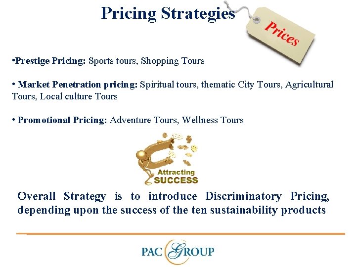 Pricing Strategies • Prestige Pricing: Sports tours, Shopping Tours • Market Penetration pricing: Spiritual