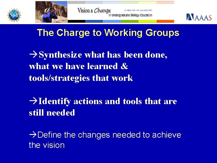 The Charge to Working Groups àSynthesize what has been done, what we have learned