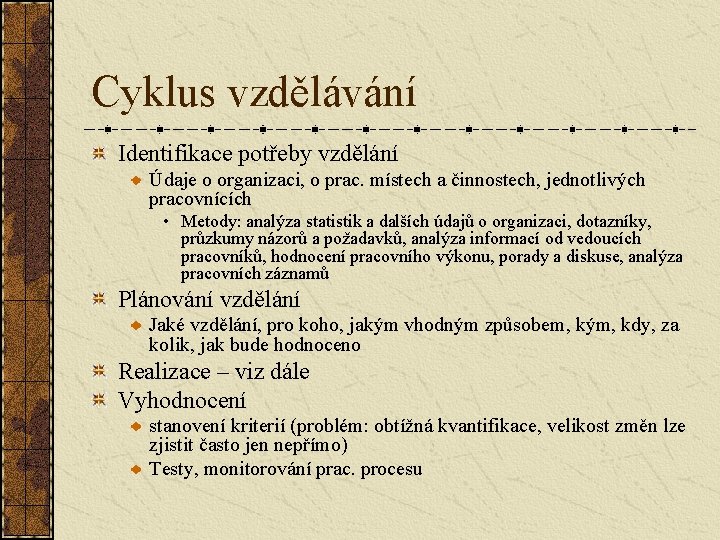 Cyklus vzdělávání Identifikace potřeby vzdělání Údaje o organizaci, o prac. místech a činnostech, jednotlivých