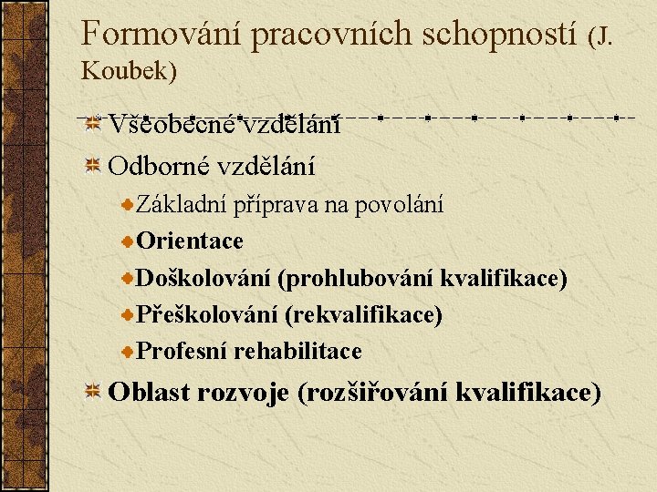 Formování pracovních schopností (J. Koubek) Všeobecné vzdělání Odborné vzdělání Základní příprava na povolání Orientace