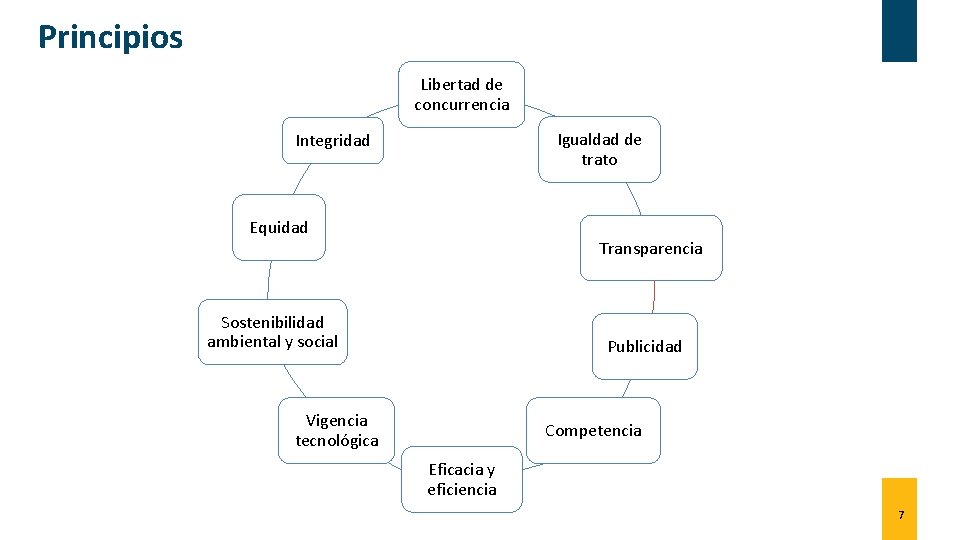 Principios Libertad de concurrencia Igualdad de trato Integridad Equidad Transparencia Sostenibilidad ambiental y social