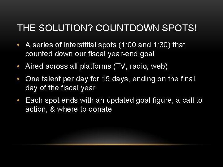 THE SOLUTION? COUNTDOWN SPOTS! • A series of interstitial spots (1: 00 and 1: