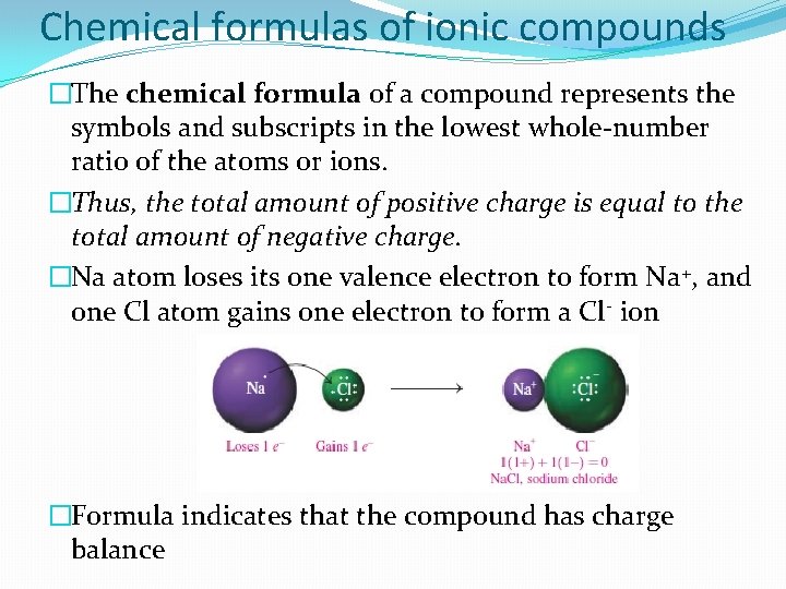 Chemical formulas of ionic compounds �The chemical formula of a compound represents the symbols