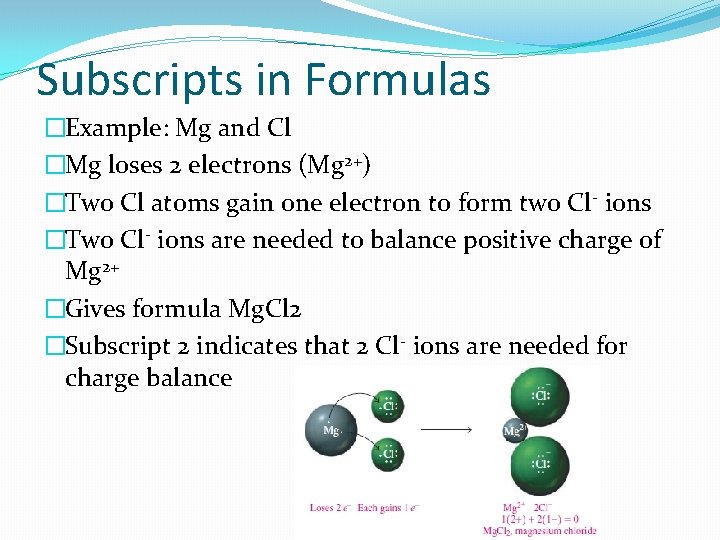 Subscripts in Formulas �Example: Mg and Cl �Mg loses 2 electrons (Mg 2+) �Two