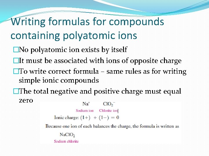 Writing formulas for compounds containing polyatomic ions �No polyatomic ion exists by itself �It