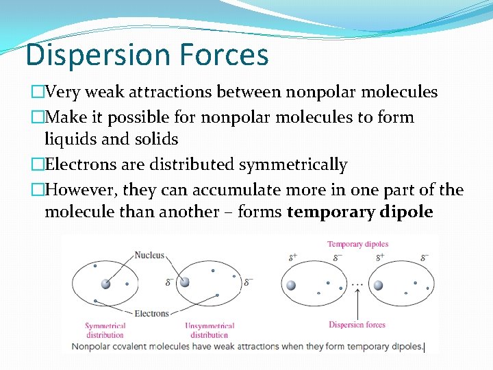 Dispersion Forces �Very weak attractions between nonpolar molecules �Make it possible for nonpolar molecules