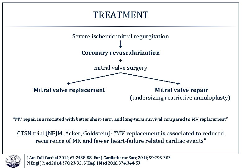 TREATMENT Severe ischemic mitral regurgitation Coronary revascularization + mitral valve surgery Mitral valve replacement