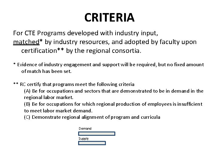 CRITERIA For CTE Programs developed with industry input, matched* by industry resources, and adopted