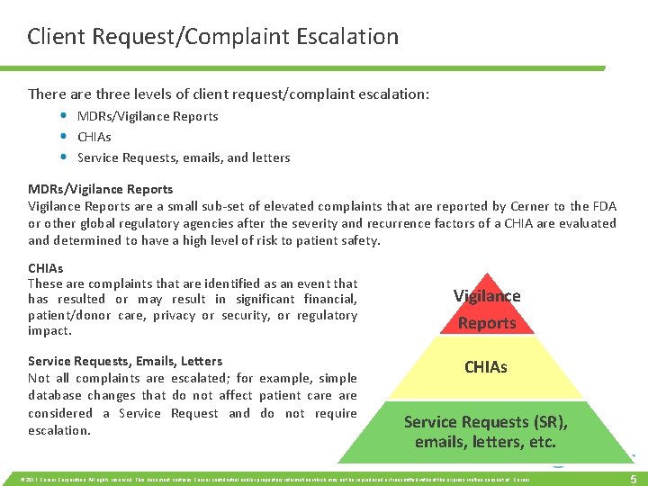 Client Request/Complaint Escalation There are three levels of client request/complaint escalation: MDRs/Vigilance Reports CHIAs