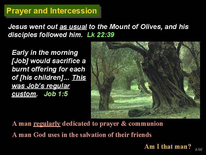 Prayer and Intercession Jesus went out as usual to the Mount of Olives, and