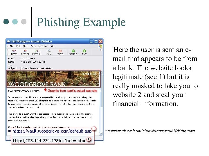 Phishing Example Here the user is sent an email that appears to be from Phishing Example Here the user is sent an email that appears to be from
