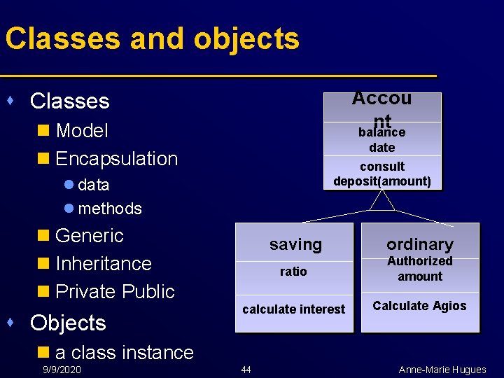 Classes and objects Accou nt balance s Classes n Model n Encapsulation date consult