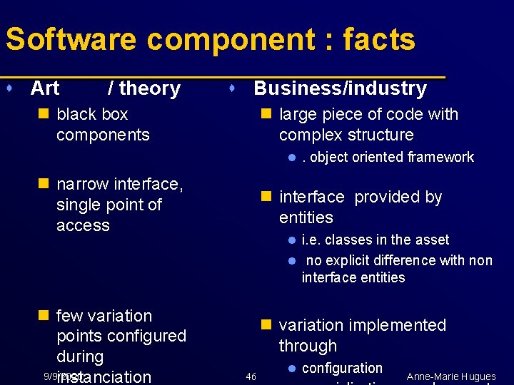 Software component : facts s Art / theory s Business/industry n black box components