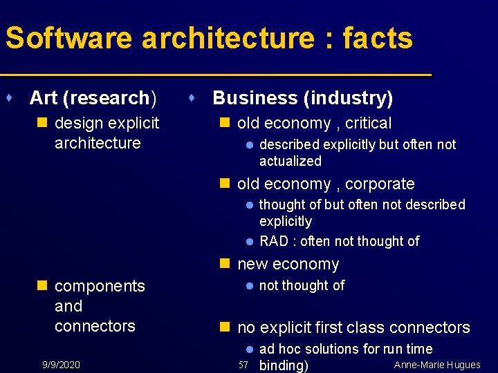 Software architecture : facts s Art (research) s Business (industry) n design explicit architecture