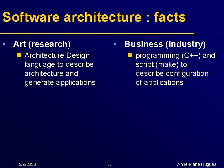 Software architecture : facts s Art (research) s Business (industry) n Architecture Design language