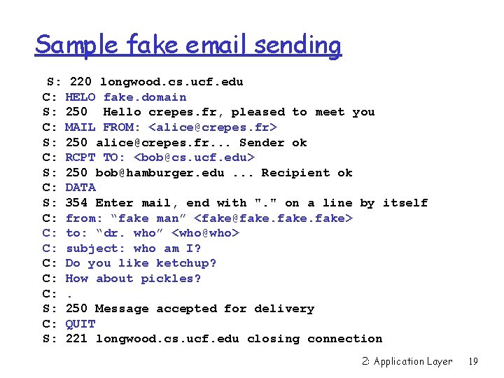 Sample fake email sending S: 220 longwood. cs. ucf. edu C: HELO fake. domain