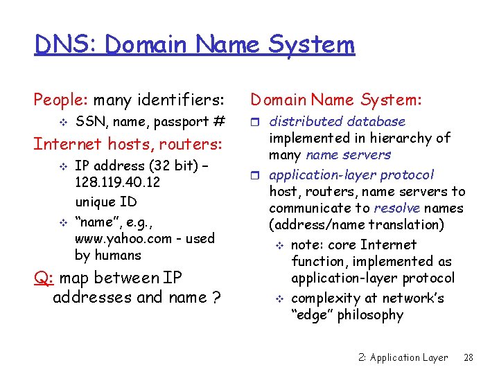 DNS: Domain Name System People: many identifiers: v SSN, name, passport # Internet hosts,