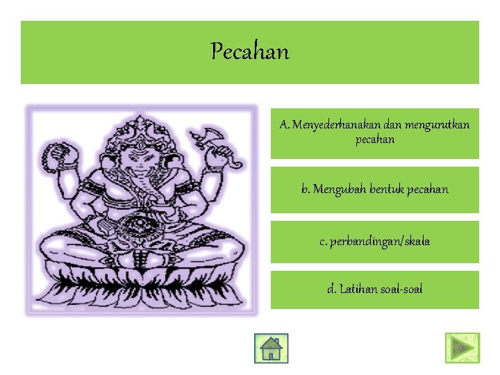 Pecahan A. Menyederhanakan dan mengurutkan pecahan b. Mengubah bentuk pecahan c. perbandingan/skala d. Latihan