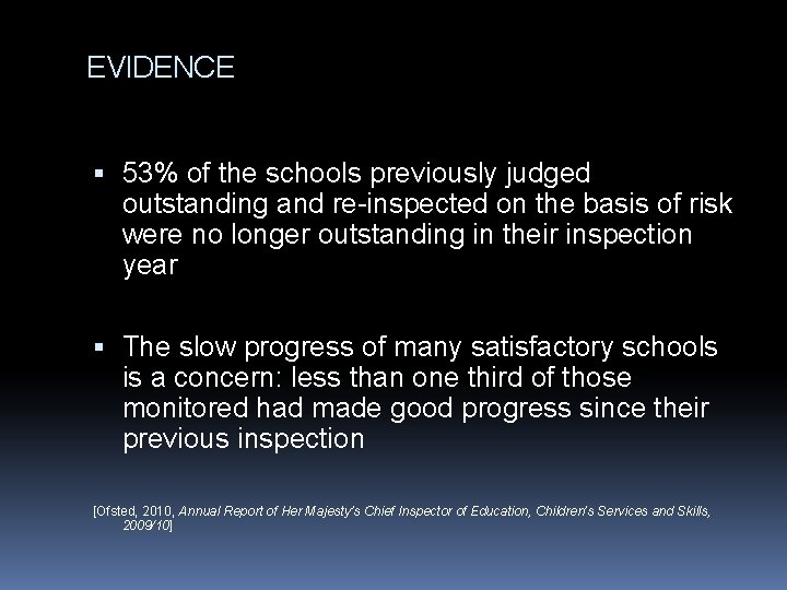 EVIDENCE 53% of the schools previously judged outstanding and re-inspected on the basis of