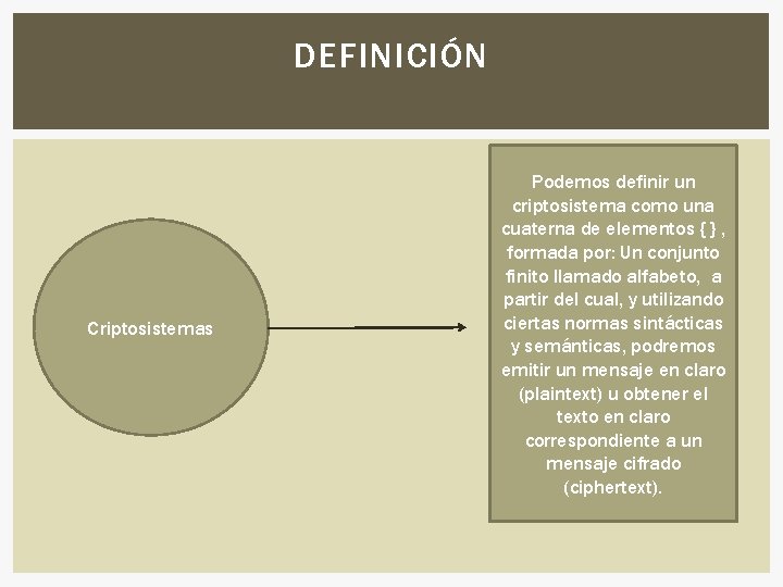 DEFINICIÓN Criptosistemas Podemos definir un criptosistema como una cuaterna de elementos { } ,