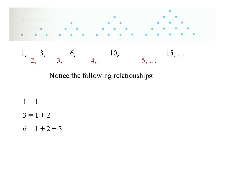 1, 2, 3, 6, 4, 10, 5, … Notice the following relationships: 1=1 3=1+2