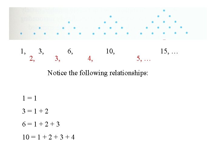 1, 2, 3, 6, 4, 10, 5, … Notice the following relationships: 1=1 3=1+2
