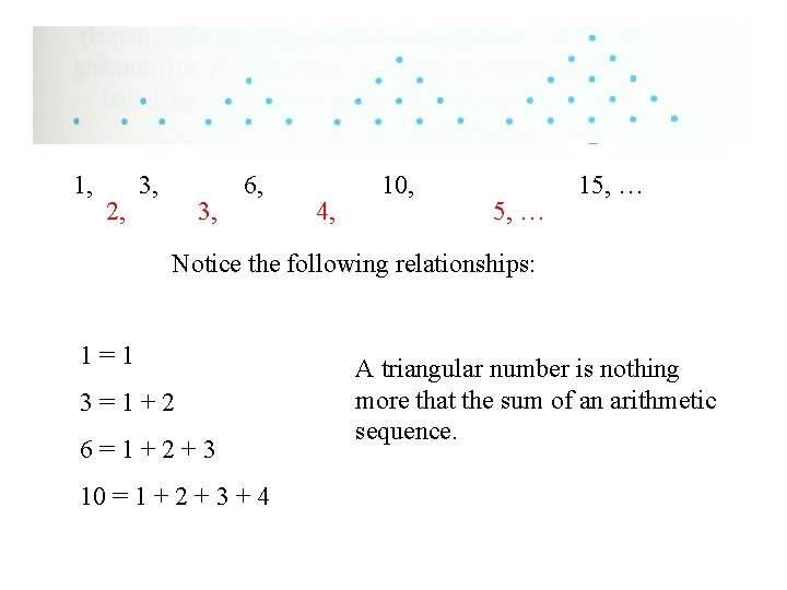 1, 2, 3, 6, 4, 10, 5, … 15, … Notice the following relationships: