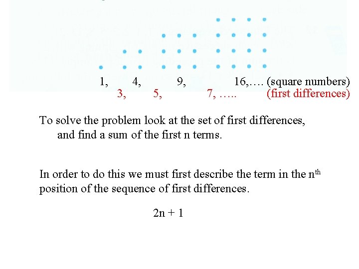 1, 3, 4, 5, 9, 16, …. (square numbers) 7, …. . (first differences)