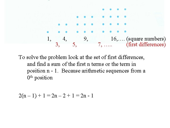 1, 3, 4, 5, 9, 16, …. (square numbers) 7, …. . (first differences)