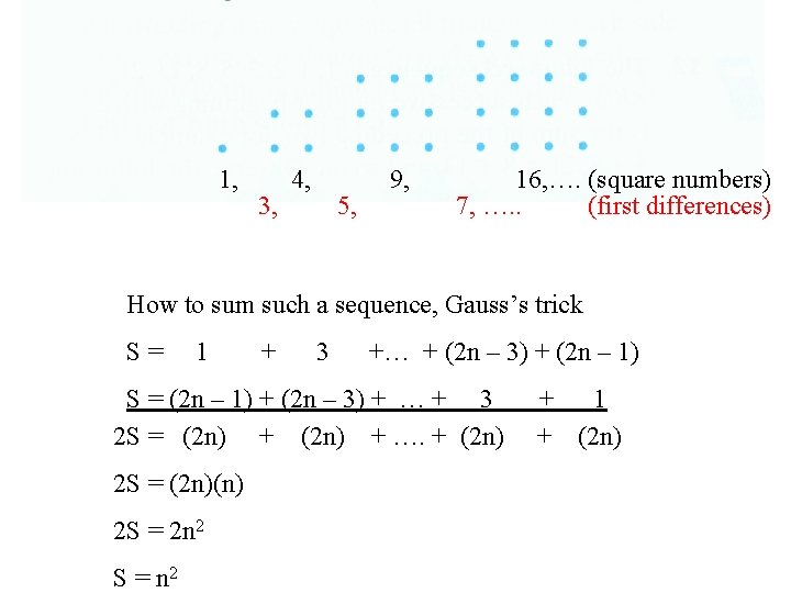 1, 3, 4, 5, 9, 16, …. (square numbers) 7, …. . (first differences)