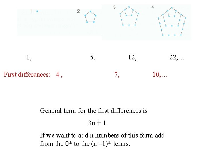 1, 5, First differences: 4 , 12, 7, 22, … 10, … General term