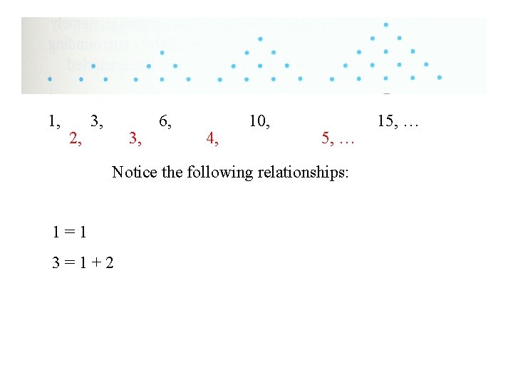 1, 2, 3, 6, 4, 10, 5, … Notice the following relationships: 1=1 3=1+2