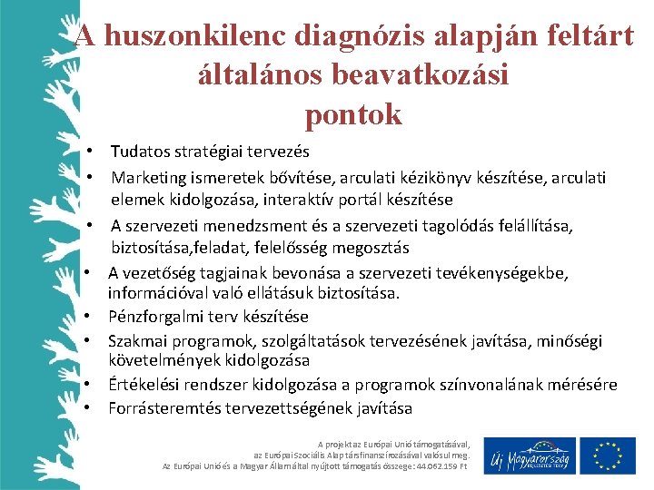 A huszonkilenc diagnózis alapján feltárt általános beavatkozási pontok • Tudatos stratégiai tervezés • Marketing