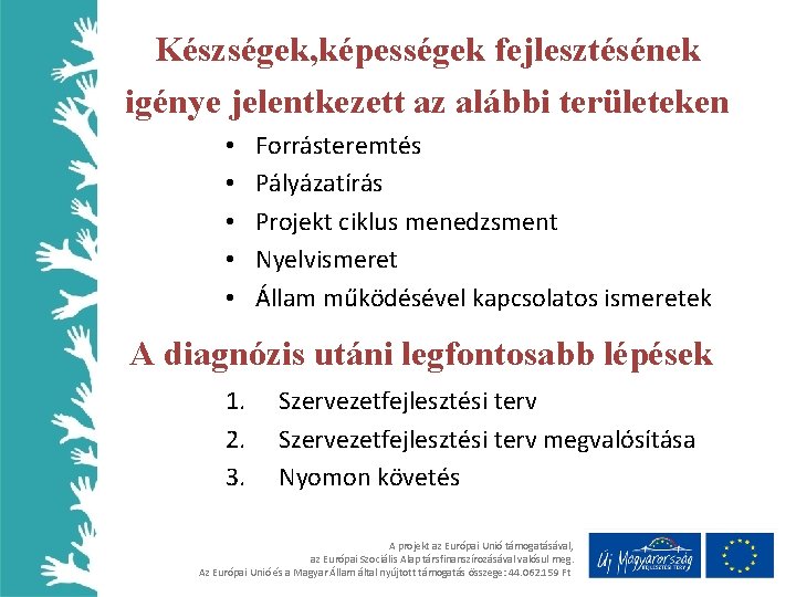 Készségek, képességek fejlesztésének igénye jelentkezett az alábbi területeken • • • Forrásteremtés Pályázatírás Projekt