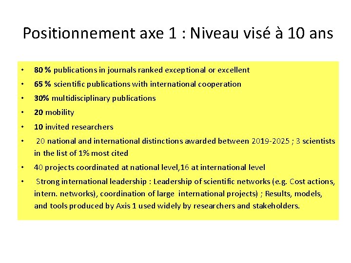 Positionnement axe 1 : Niveau visé à 10 ans • 80 % publications in