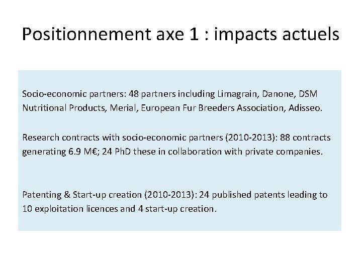 Positionnement axe 1 : impacts actuels Socio-economic partners: 48 partners including Limagrain, Danone, DSM