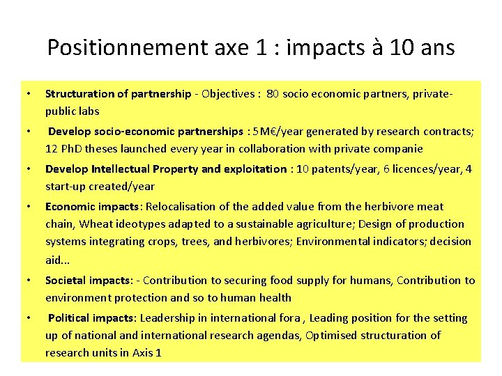 Positionnement axe 1 : impacts à 10 ans • Structuration of partnership - Objectives