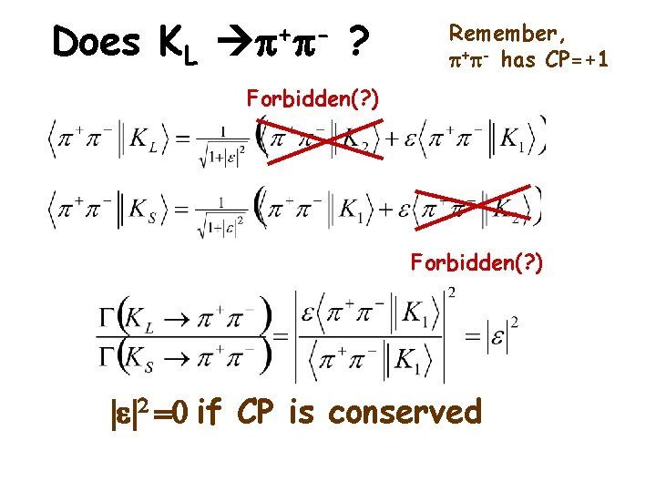 Does KL + p p ? Remember, p+p- has CP=+1 Forbidden(? ) |e|2 =0