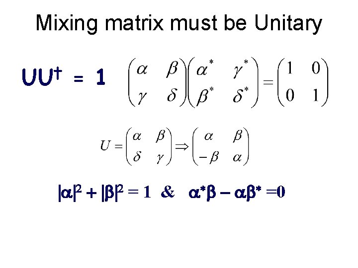 Mixing matrix must be Unitary UU† = 1 |a|2 + |b|2 = 1 &